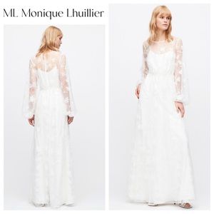 ML MONIQUE LHUILLIER Embroidered Tulle Long Sleeve Gown